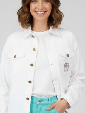 NWT Pusheen Off White Denim Button Front Jacket with Bubble Tea Cat on Pocket